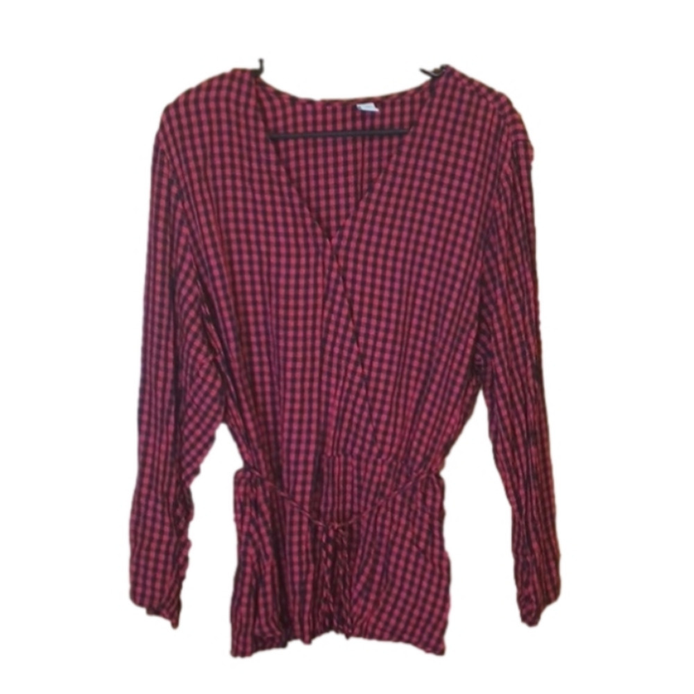 (e2-4) Black red checked wrap shirt XL